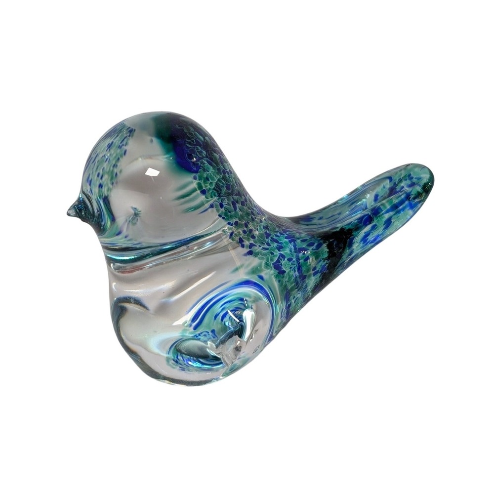 Blue Green Art Glass Bird Figurine Paperweight Murano Style Hand Blown
